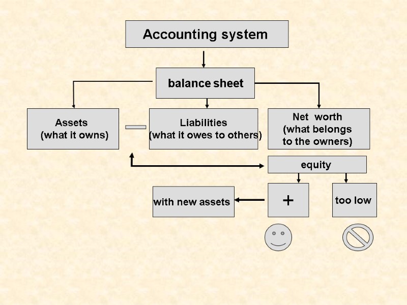 Accounting system   balance sheet  Assets   (what it owns) Liabilities